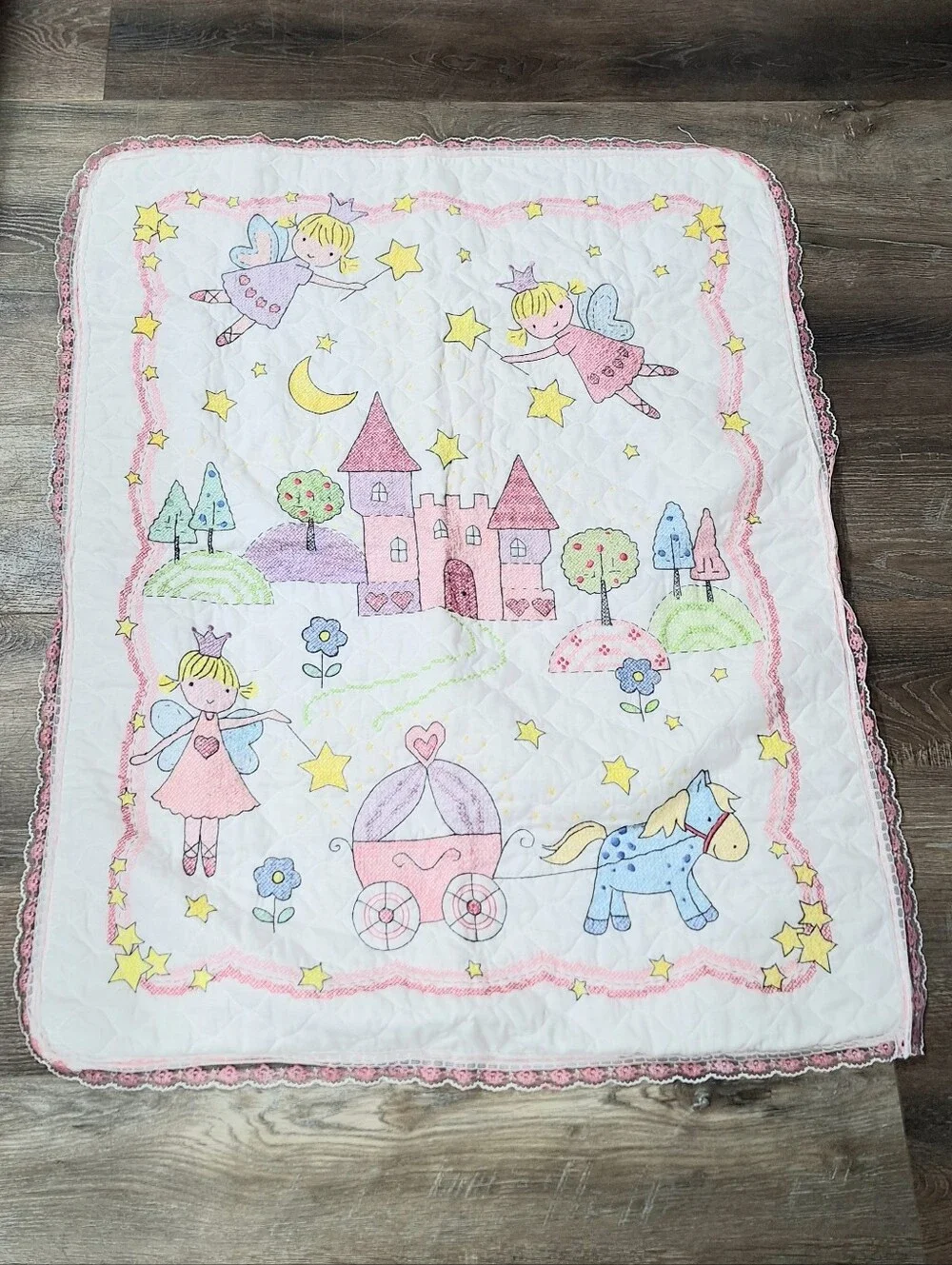 Bucilla Princess Handmade Cross Stitched Baby Quilt With Lace Edging 32 X 41